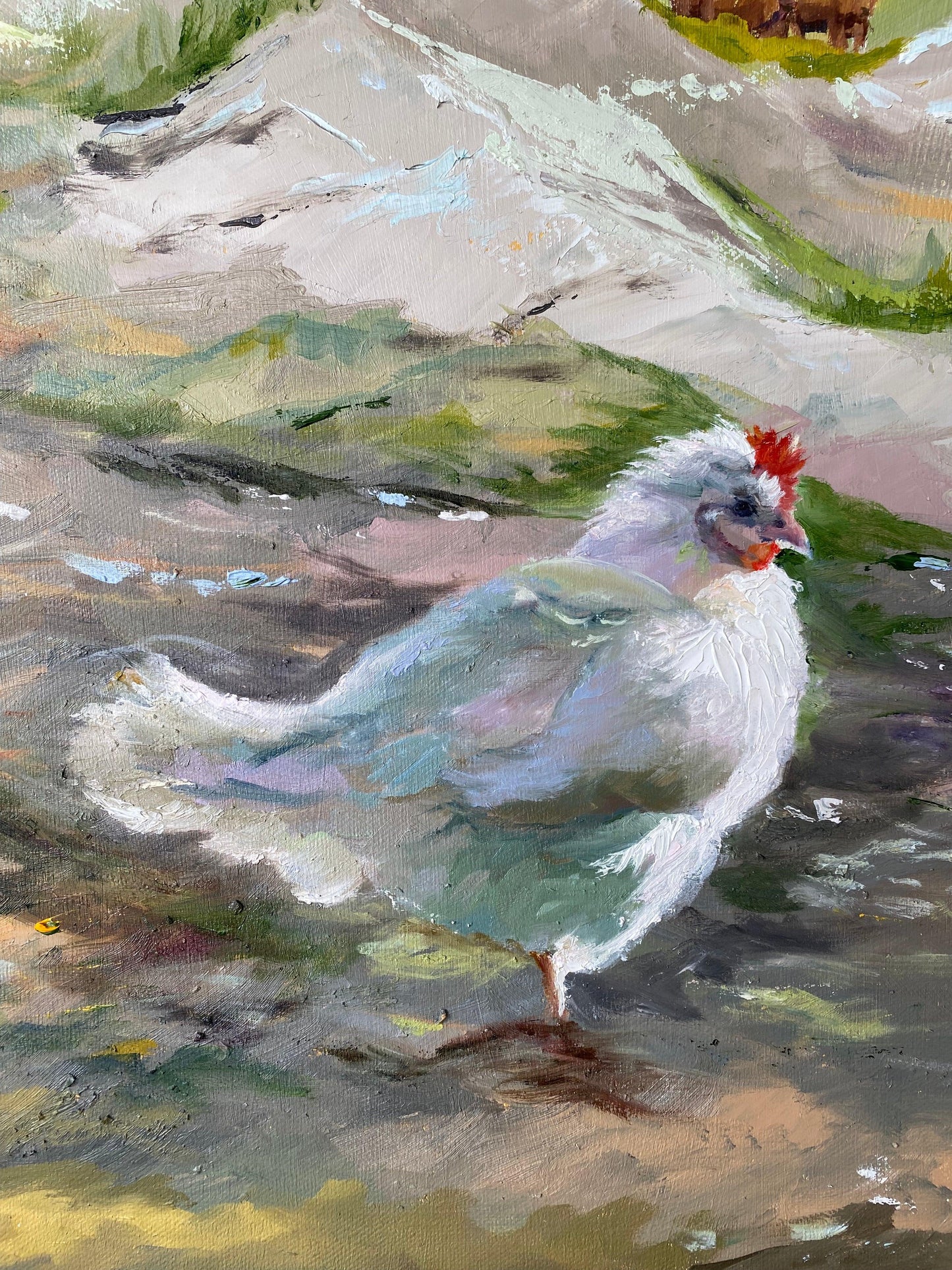 Cheerful depiction of two cows and a chicken, showcasing their curious and playful personalities in a countryside scene. Oil painting. Chicken Close up.