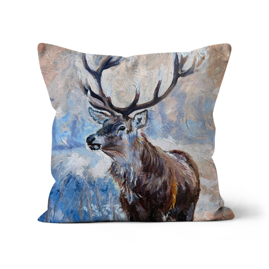 Close-up of 'Echoes of the Wild' cushion showing the fine texture and detail of the stag artwork.