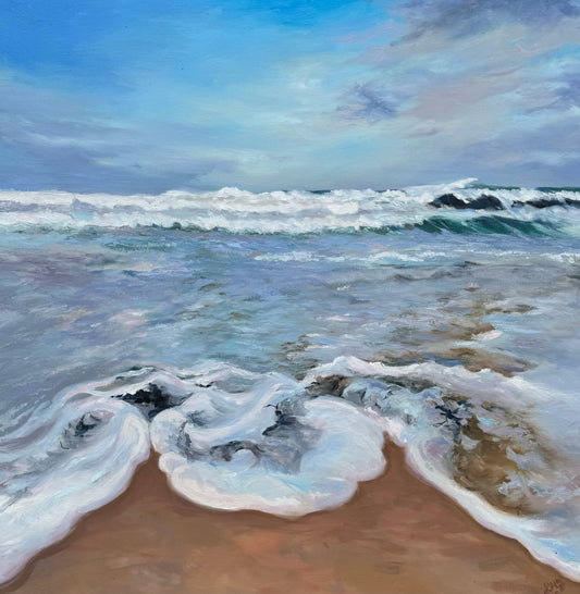 A one-of-a-kind coastal artwork showing waves dissolving into shore. The original painting uses soft blues and whites to evoke calm and emotional depth.