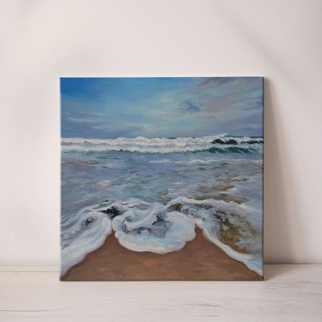 Painting of surf at Porthminster beach with frothy waves and light blue sky.