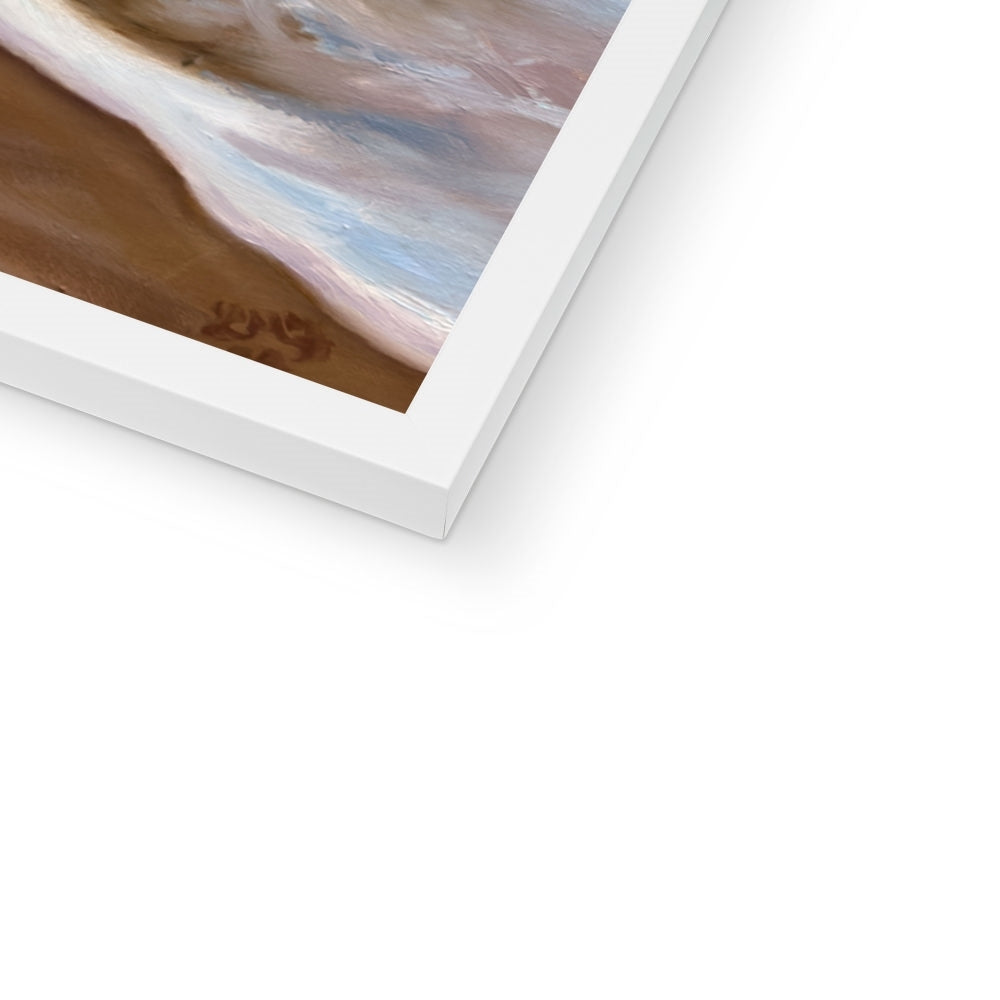 Corner close up of Coastal Calm white wood frame