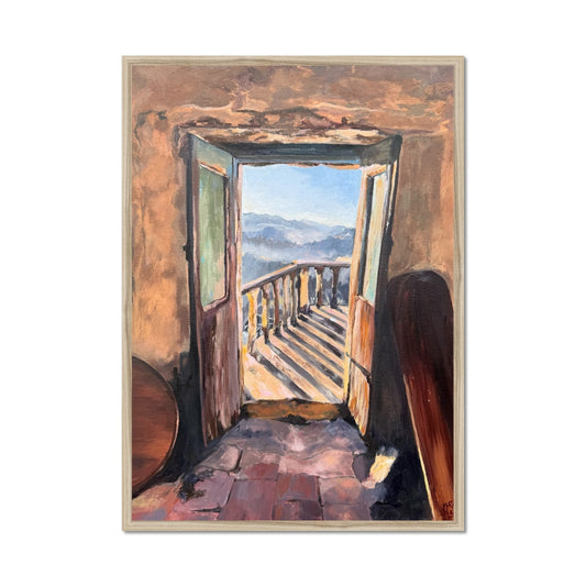 Emotive fine art print of a vintage doorway leading to peaceful countryside views