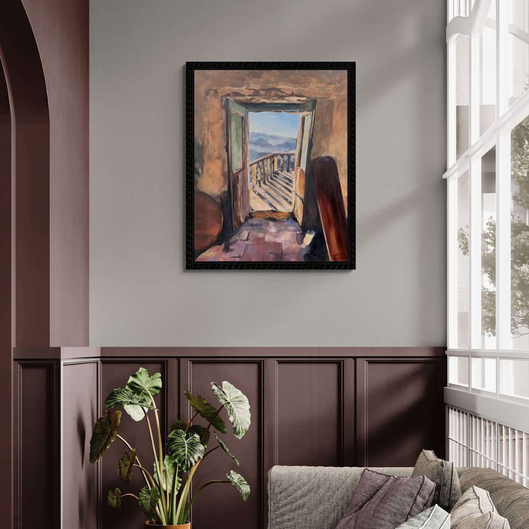 Original framed oil painting of a rustic Italian doorway opening to a sunlit balcony by Lorraine Field Art