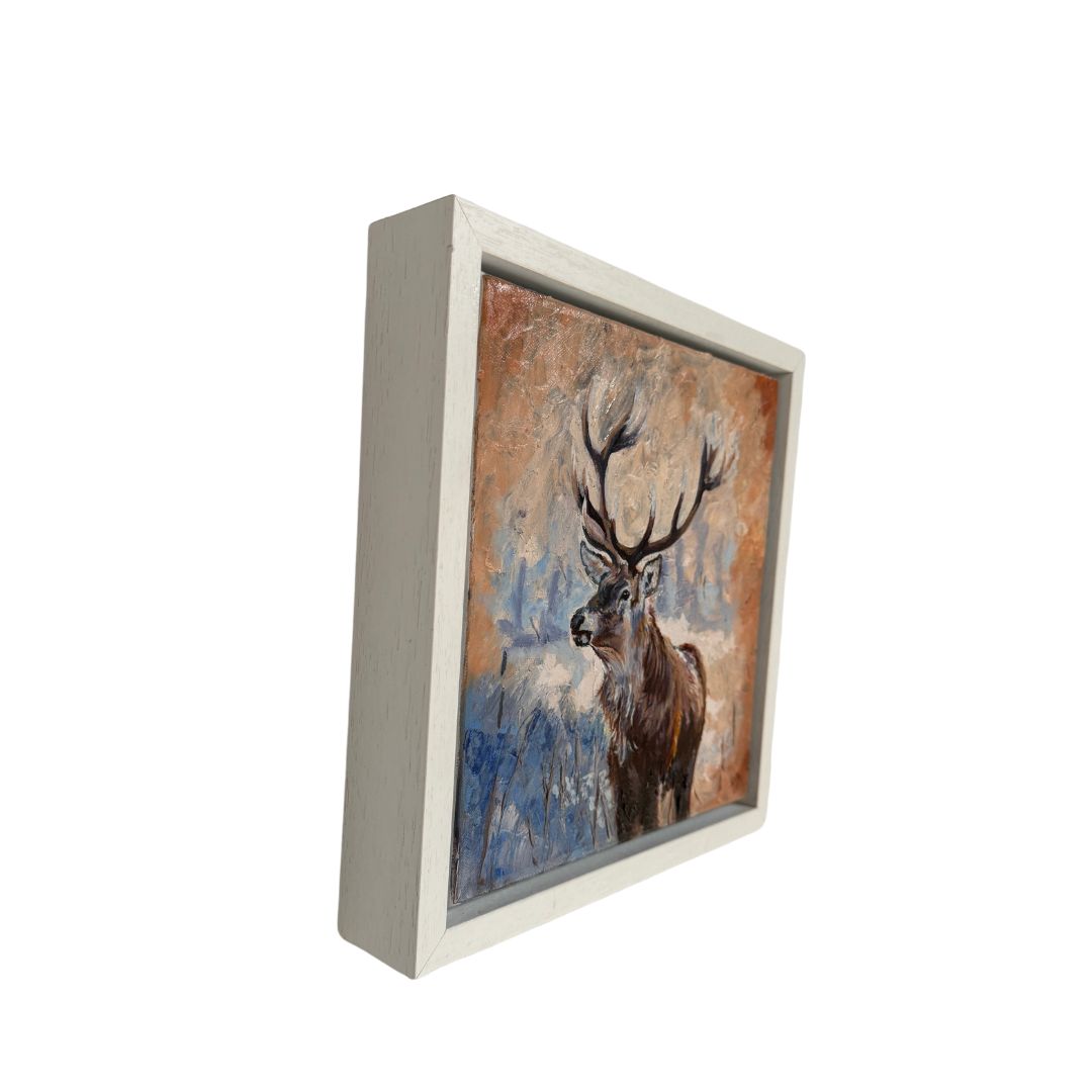 Enchanting oil painting of a stag, set against a mystical blend of blue and brown hues. This small, nature-inspired artwork evokes a serene and magical atmosphere, ideal for wildlife art collectors and rustic decor lovers.