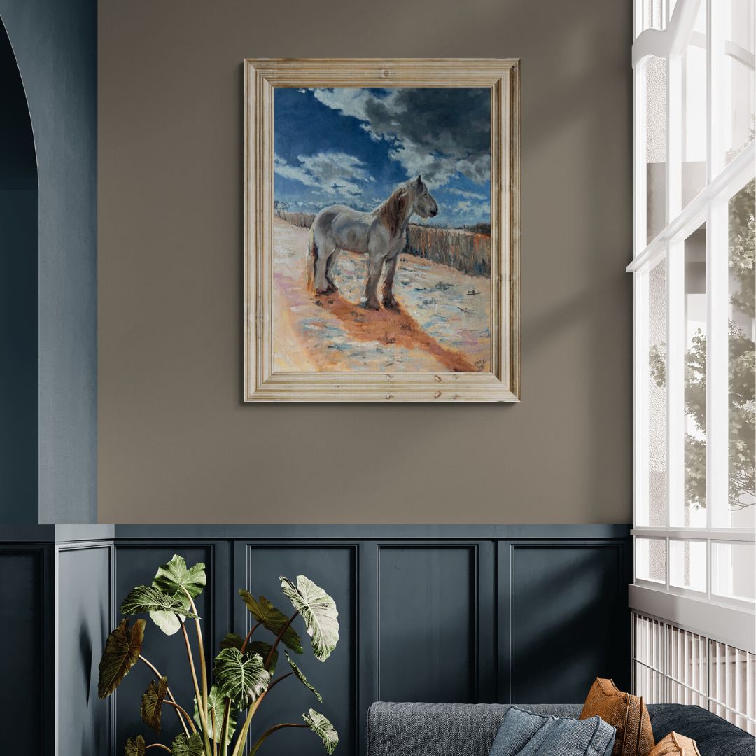 Painting of a white horse standing tall on a country track, symbolising resilience and quiet strength