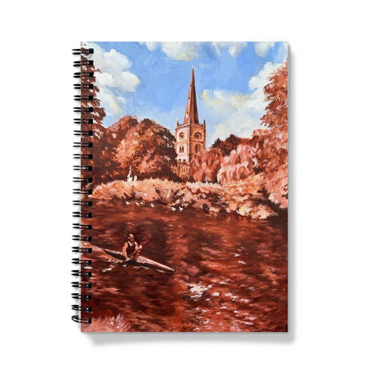 Notebook with a painting of a person rowing a canoe on the River Avon with Holy Trinity church spire in the background.