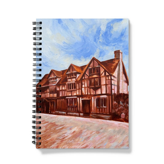 Spiral bound notebook with a painting of Shakespeare's Birthplace on the cover