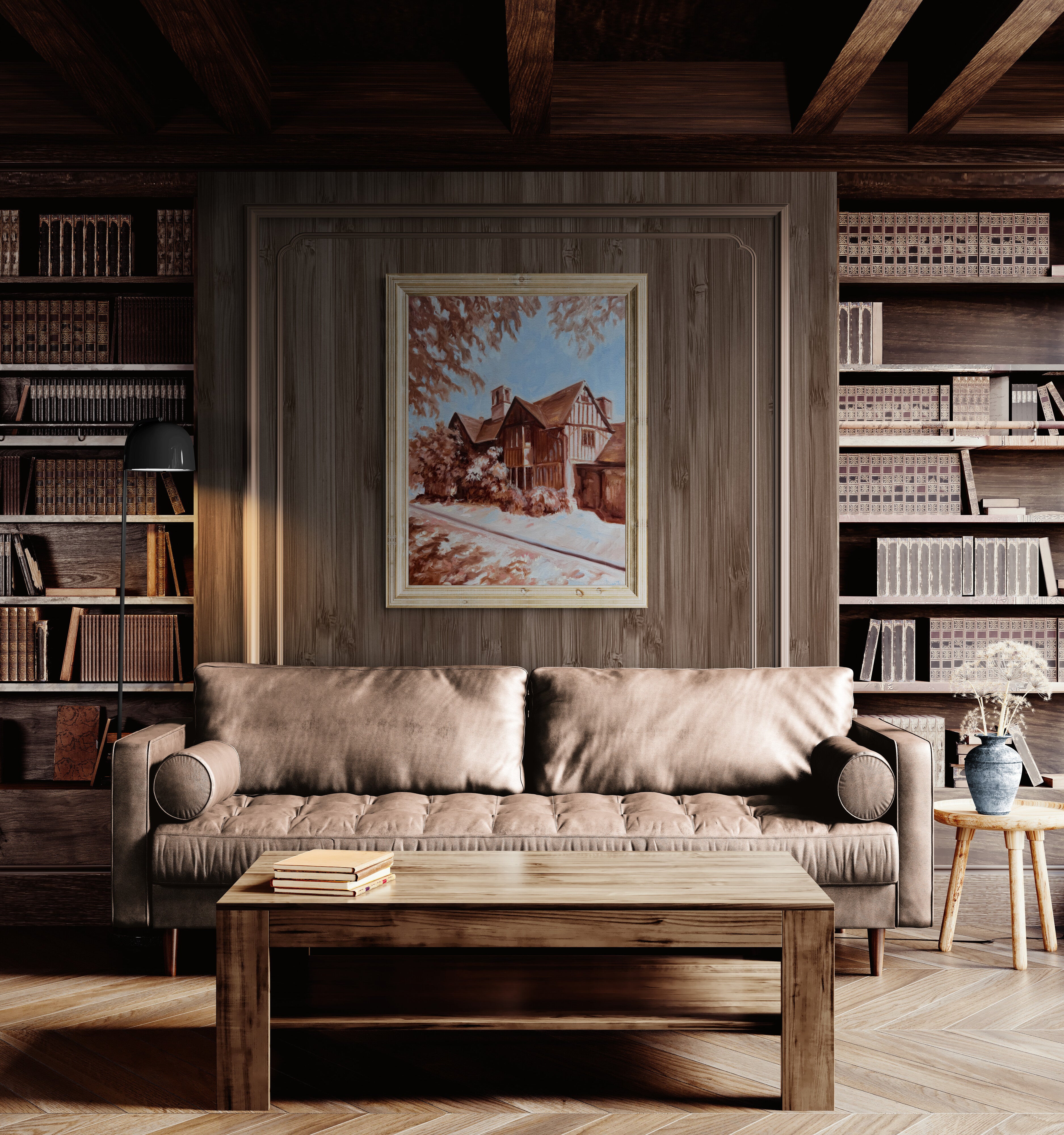 Cozy living room with Shakespeare artwork sofa, coffee table, and bookshelves.