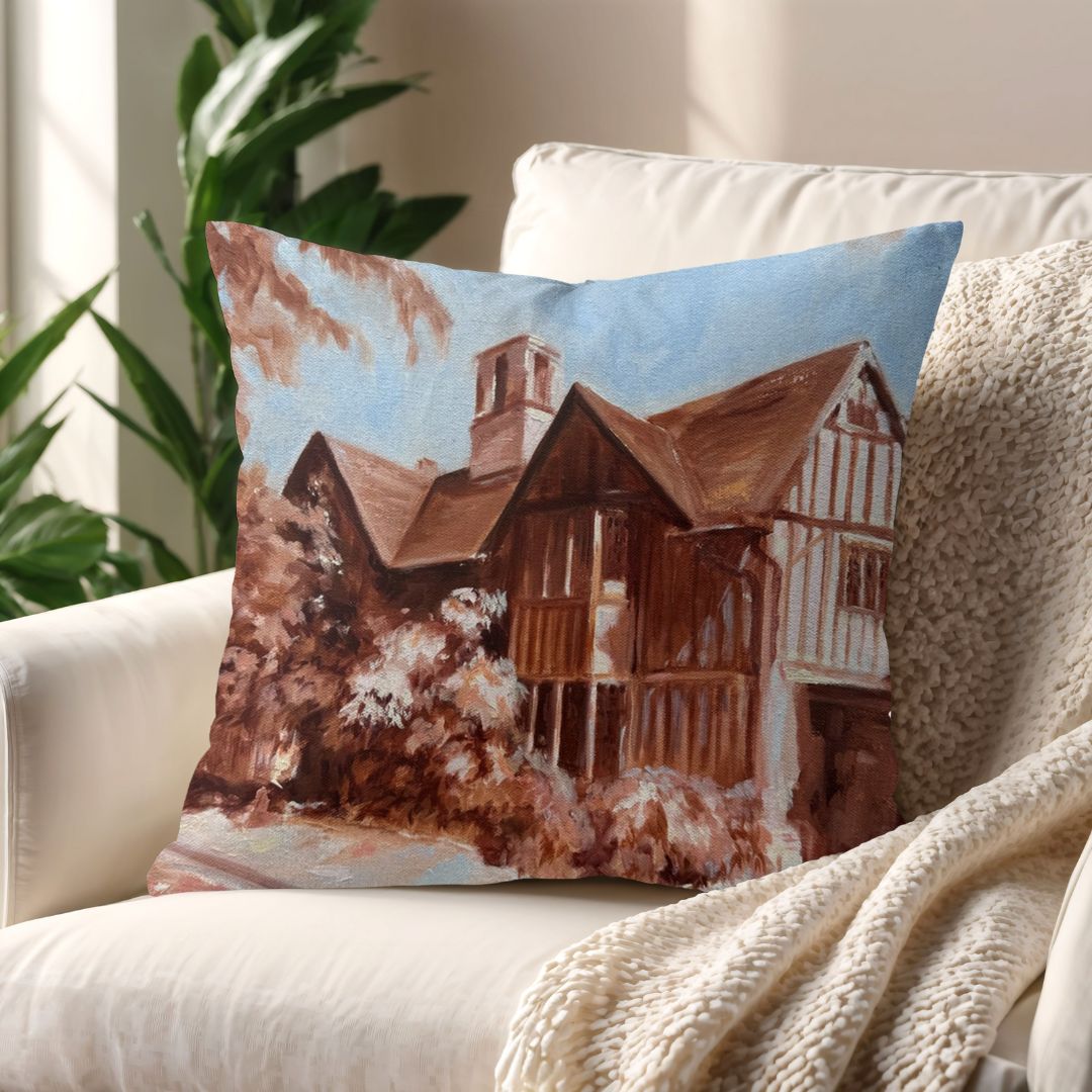 Decorative cushion with Hall's Croft Shakespeare's Daughter's former home design