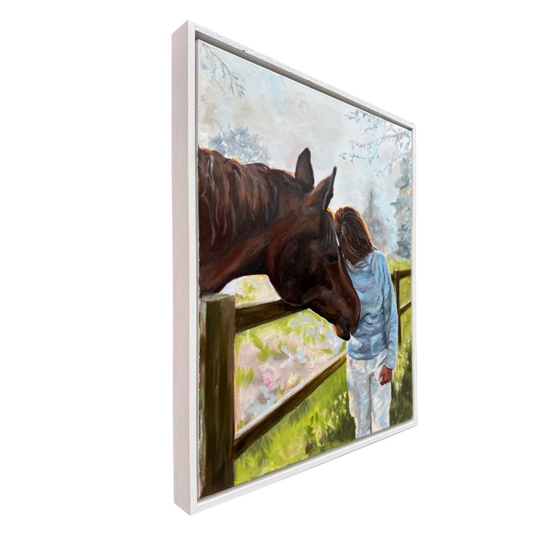 Framed horse oil painting. Perfect for a horse lover's home with a comforting scenic background