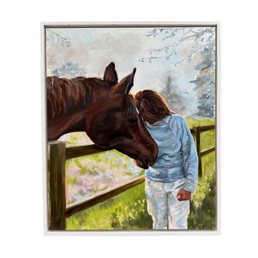 Painting of a horse and a person standing close to a wooden fence with a scenic background.