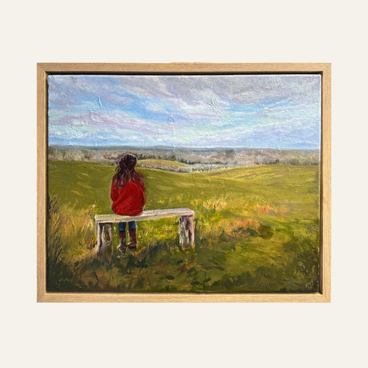 If these fields could talk framed oil painting of young girl looking out across open countryside.