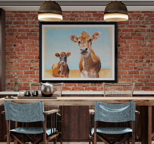 Jersey Cows art print in black frame displayed on brick wall in modern country kitchen