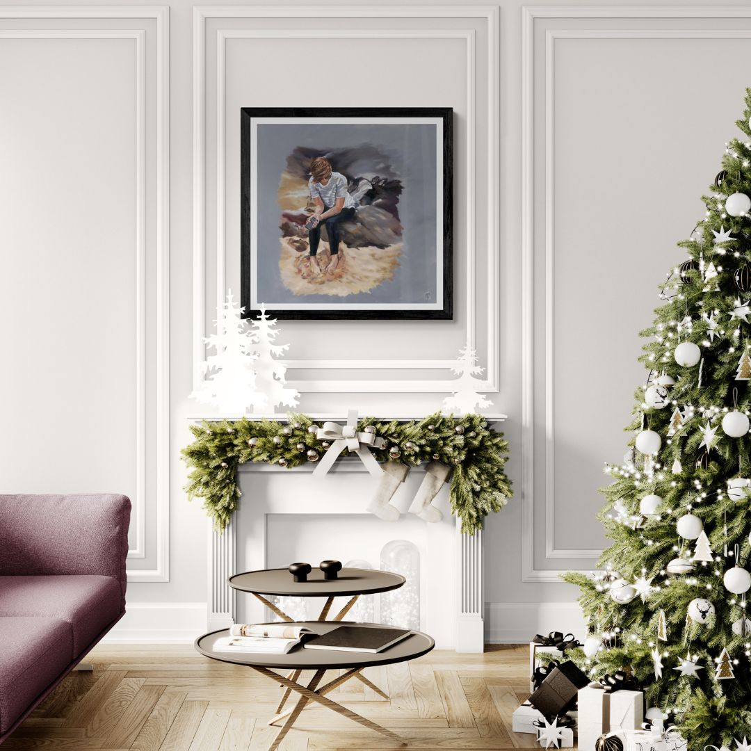 Framed art print for living room with a Christmas tree and sofa.