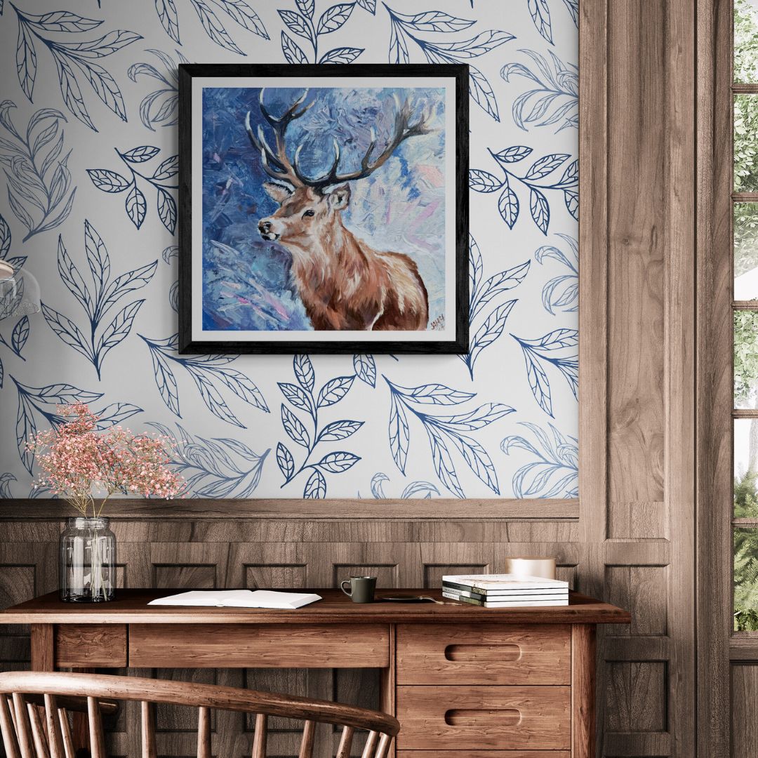 A proud stag fine art print on blue semi-abstract background with pink highlights