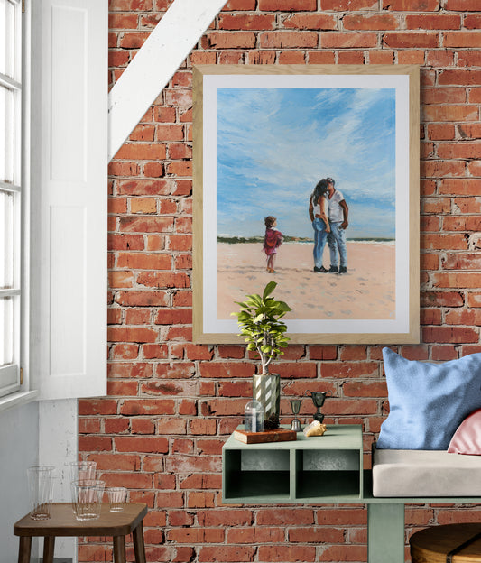 MAMA art print in a neutral wood frame, timeless painting of love and intrigue.