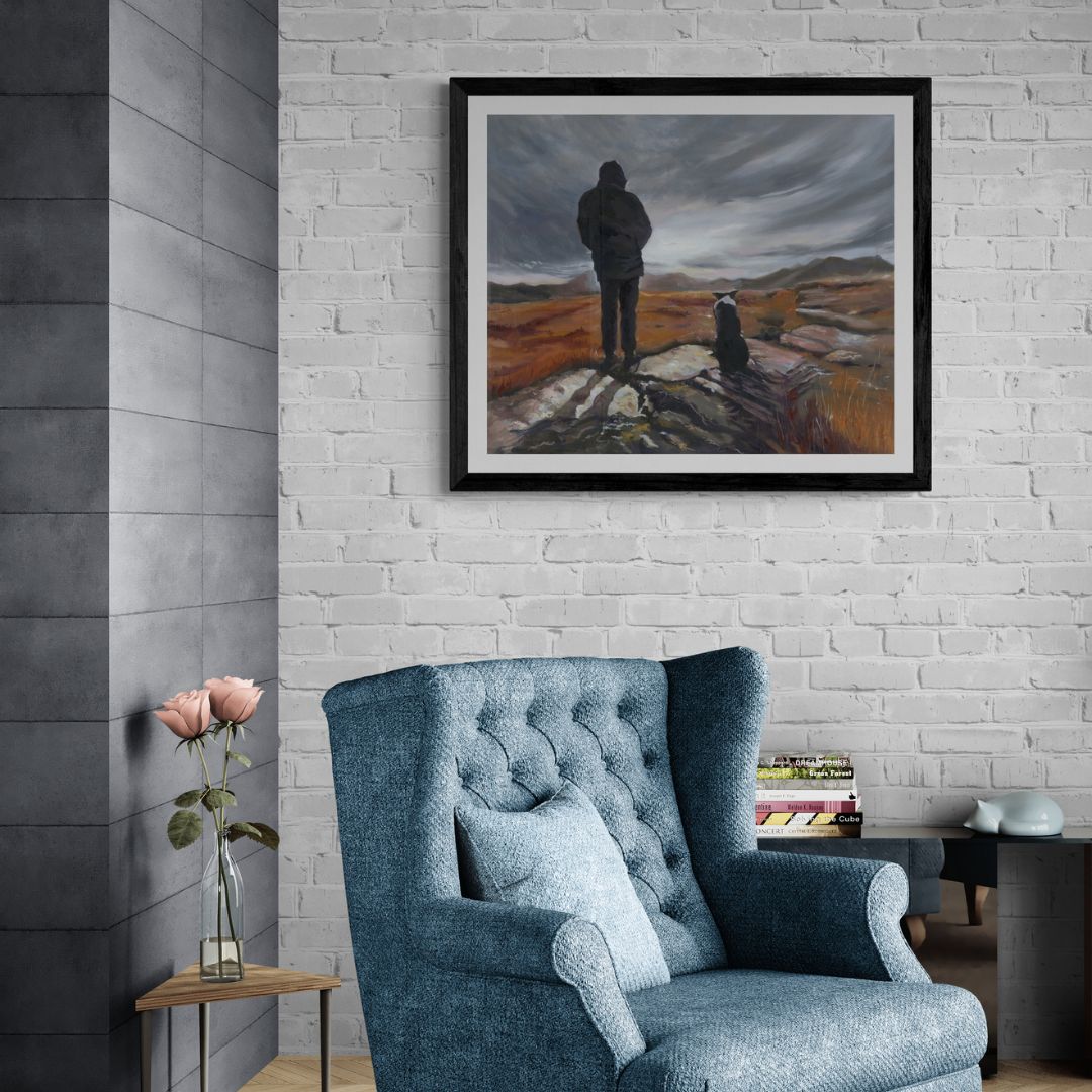 Border Collie Lover Fine art print in black frame above blue wingback chair