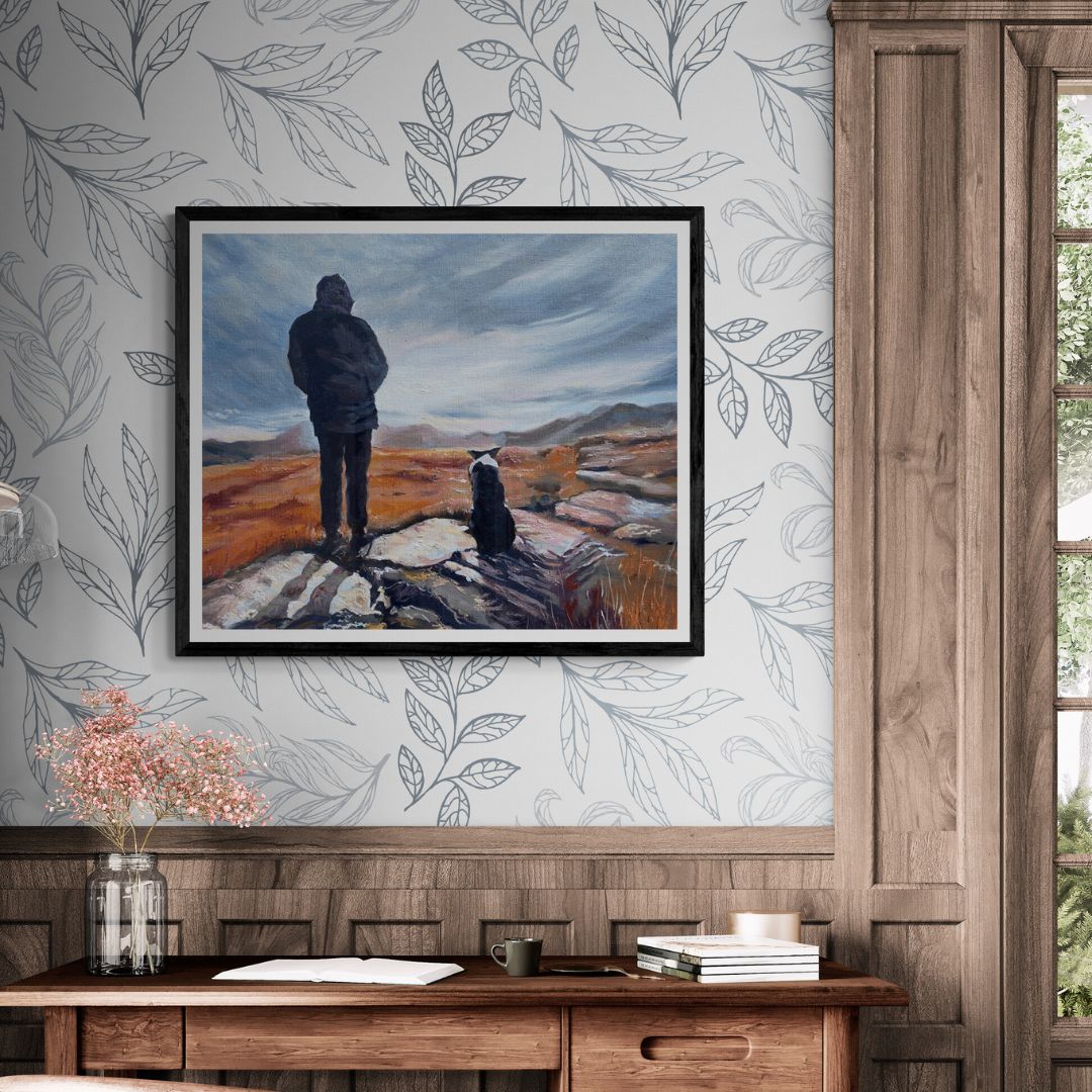 Man and Border Collie - Fine Art Print on blue/grey patterned wallpaper
