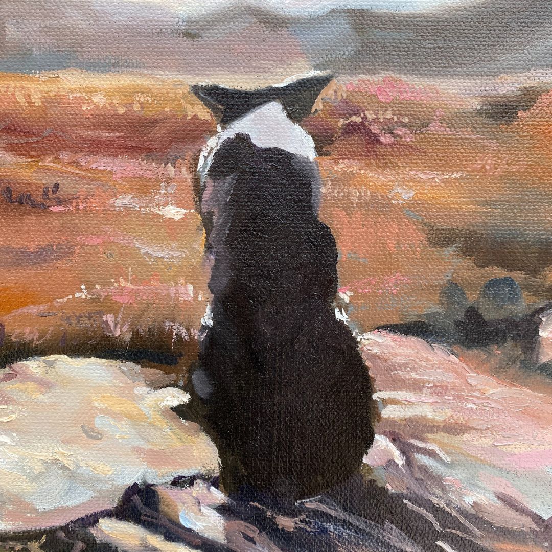 Painting of a black and white border collie sitting on a rock with a landscape background