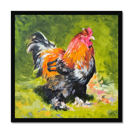 A colourful cockerel art print in black wooden frame