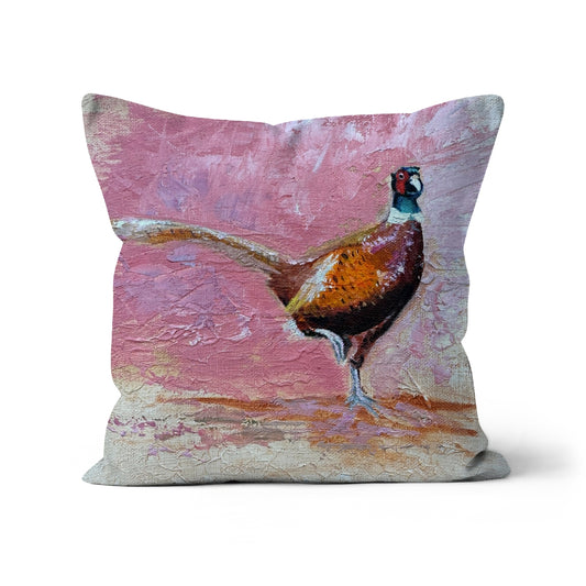 Playful Pheasant Cushion showing rich, vibrant colours and soft fabric texture.