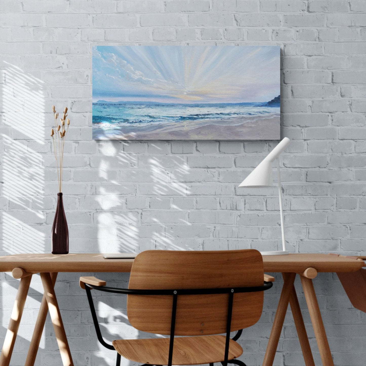 Canvas print of a sunrise over Porthminster Beach in Cornwall, featuring soft golden light and calm blue sea, evoking warmth and serenity