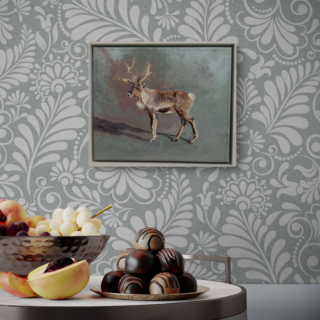 Oil painting of a majestic reindeer, elegantly framed in a white wooden frame, perfect for nature and wildlife art enthusiasts.