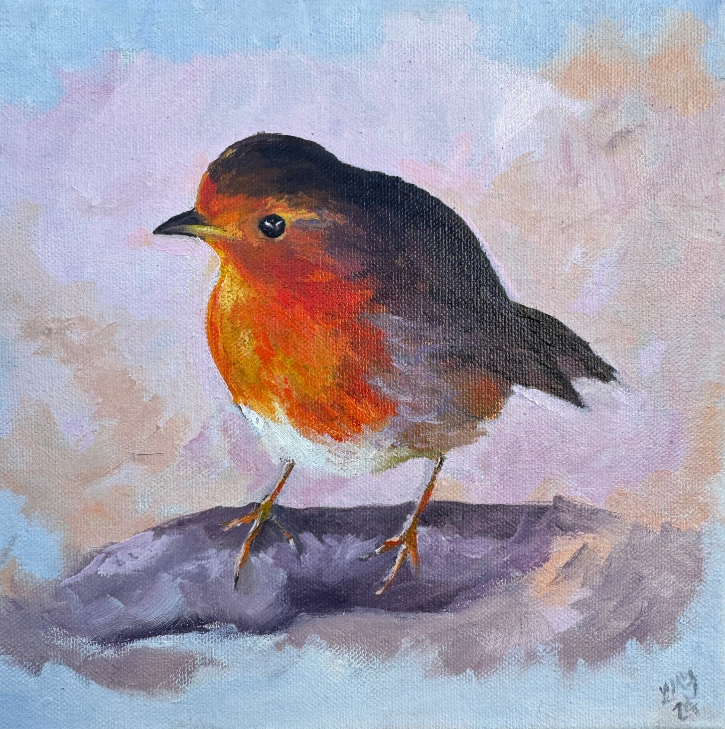 A heartfelt painting of a little robin painted in oils by Lorraine Field Art.