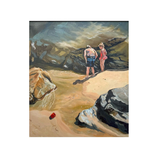 Framed artwork Rockpool Explorers showing children playing in rockpools on St Agnes beach