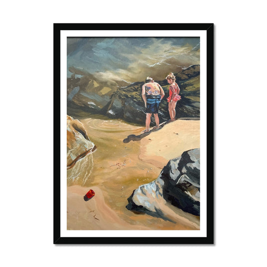 Rockpool Explorers framed art print for kids with black wooden frame, featuring two children discovering treasures in rockpools on the Cornish coast.