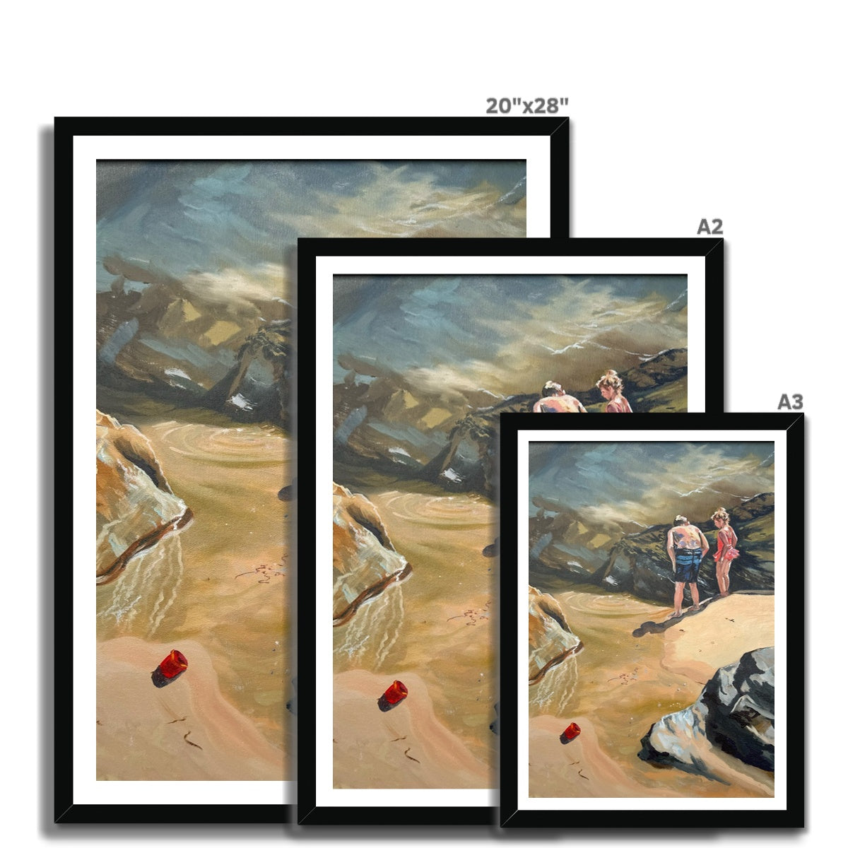 Rockpool Explorers art prints in black frame, displayed together in three size options, showing children exploring rockpools on St Agnes beach.