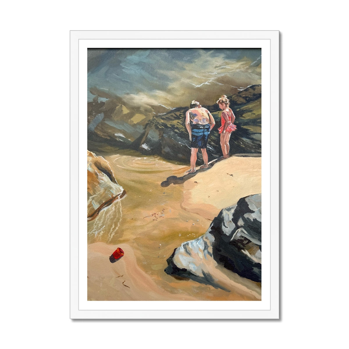 Rockpool Explorers framed art print for kids with white wooden frame, showing children exploring rockpools on St Agnes beach in Cornwall.