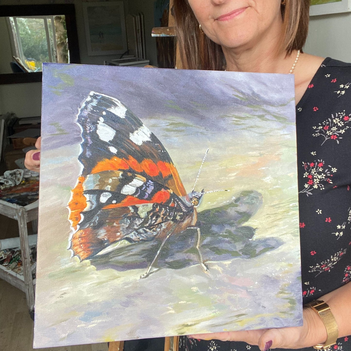 Scale photo of unframed butterfly original oil painting