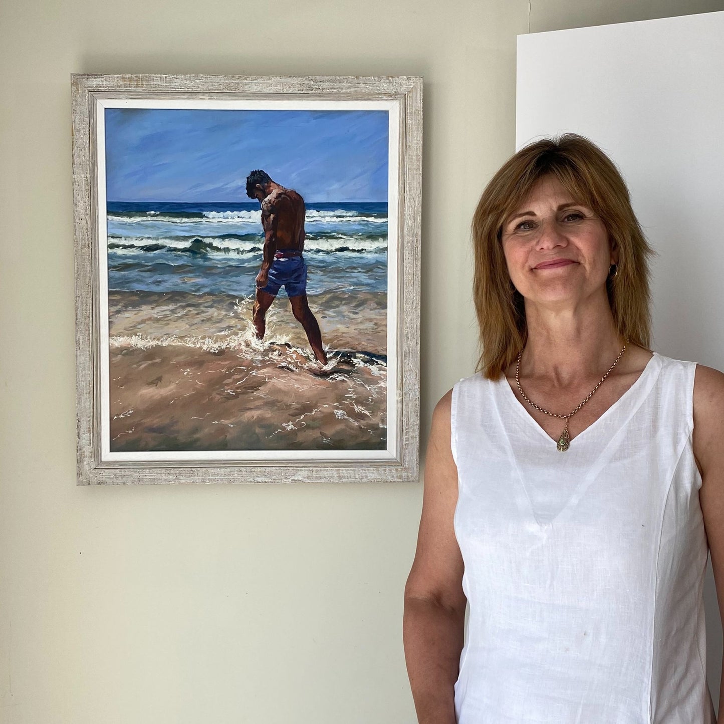 Scale photo of Surf Love Framed original oil painting by Lorraine Field Art