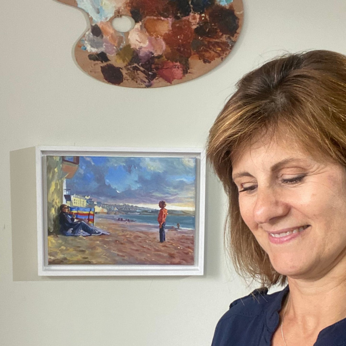 Scale photo of framed original oil painting of Porthmeor Beach in Cornwall "Will you play?"