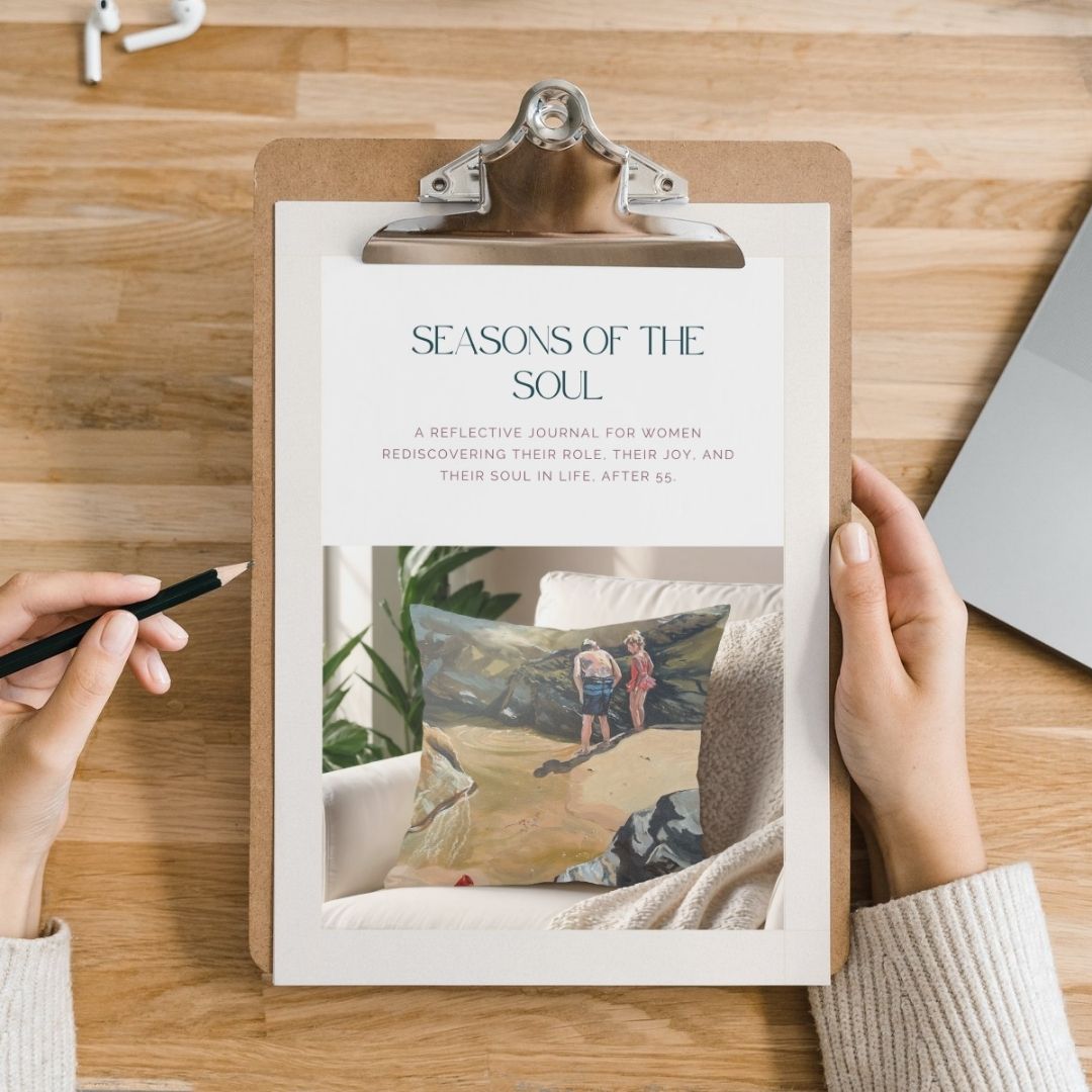 Printable Seasons of the Soul reflection journal shown on a clipboard with a pen, designed for women over 55 to pause and reflect at home
