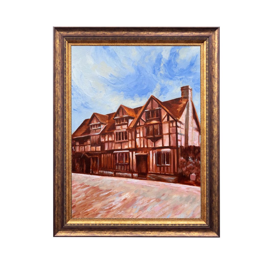 Original oil painting of Shakespeare’s Birthplace in Stratford-upon-Avon by Lorraine Field, shown in an ornate gold frame against a white background.