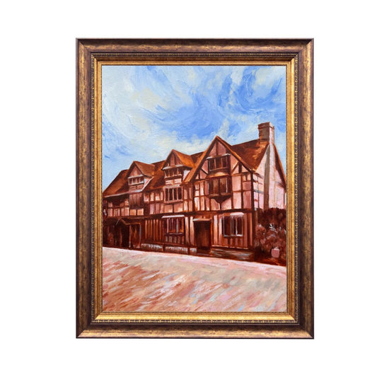 Original oil painting of Shakespeare’s Birthplace in Stratford-upon-Avon by Lorraine Field, shown in an ornate gold frame against a white background.