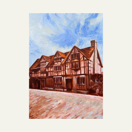 An impressionistic painting of Shakespeare's Birthplace in Stratford-Upon-Avon, a timber-framed house under a blue sky, centred on a light cream background