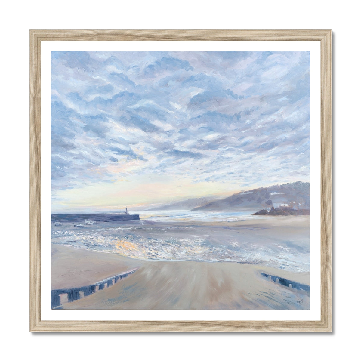 Cornish harbour fine art print in a warm natural wood frame, evoking seaside charm
