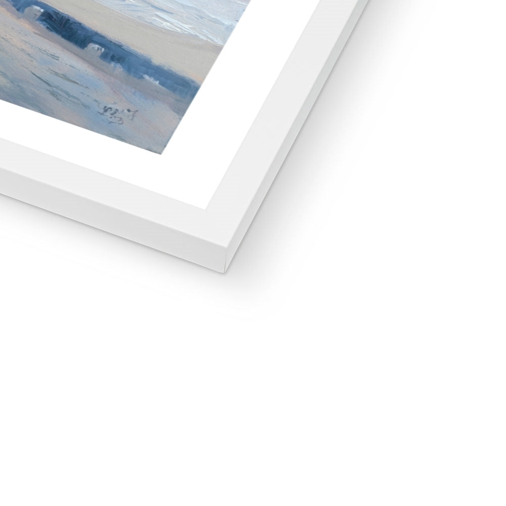 Close up of framed St Ives harbour artwork with a white frame on a white background