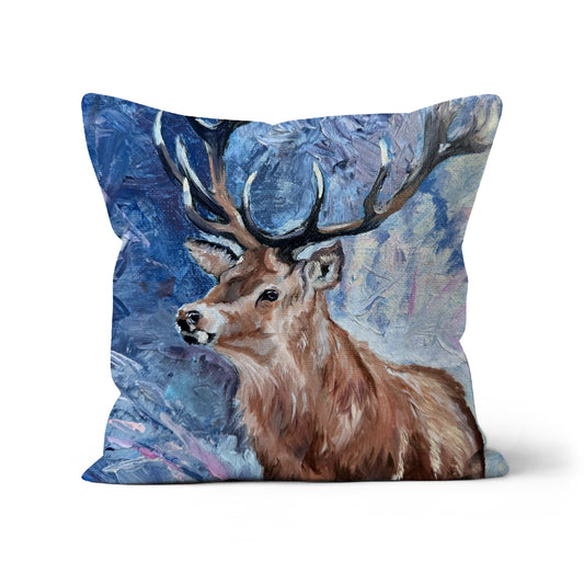 Close-up of Majestic Resolve cushion showing detailed brushwork of the proud stag, symbolising resilience and calm strength.