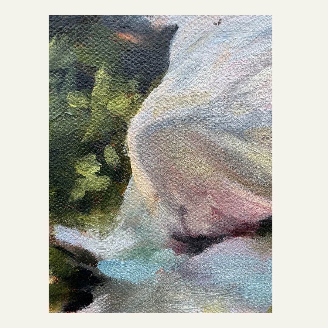 Close-up of Stillness Among the Leaves, showing layered blue, pink and white brushwork on the woman’s dress.