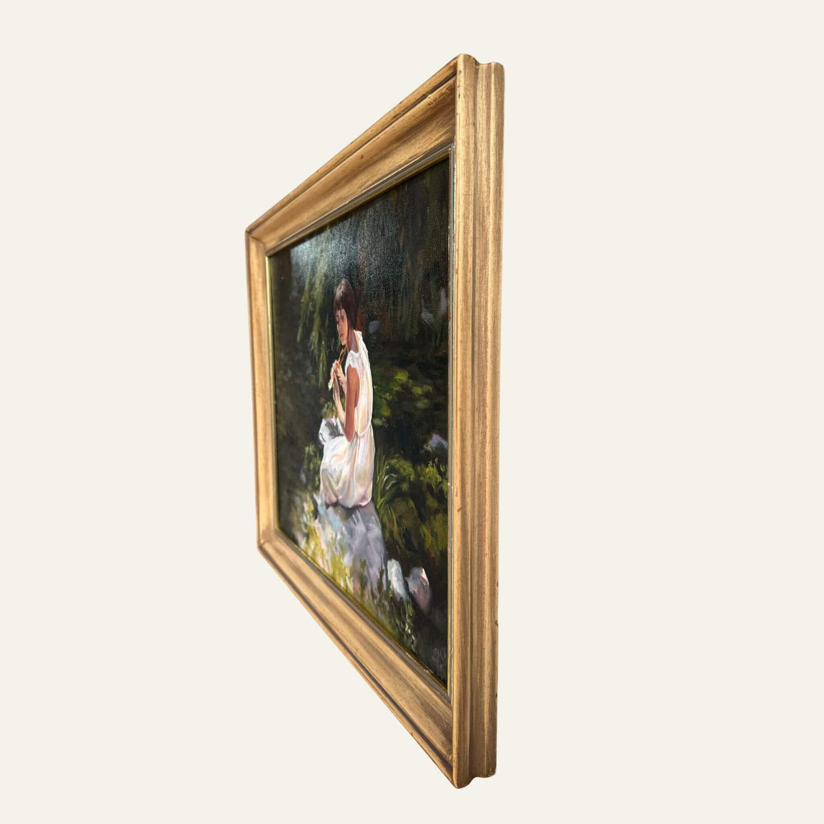 Stillness amongst the leaves oil painting frame close of up left side