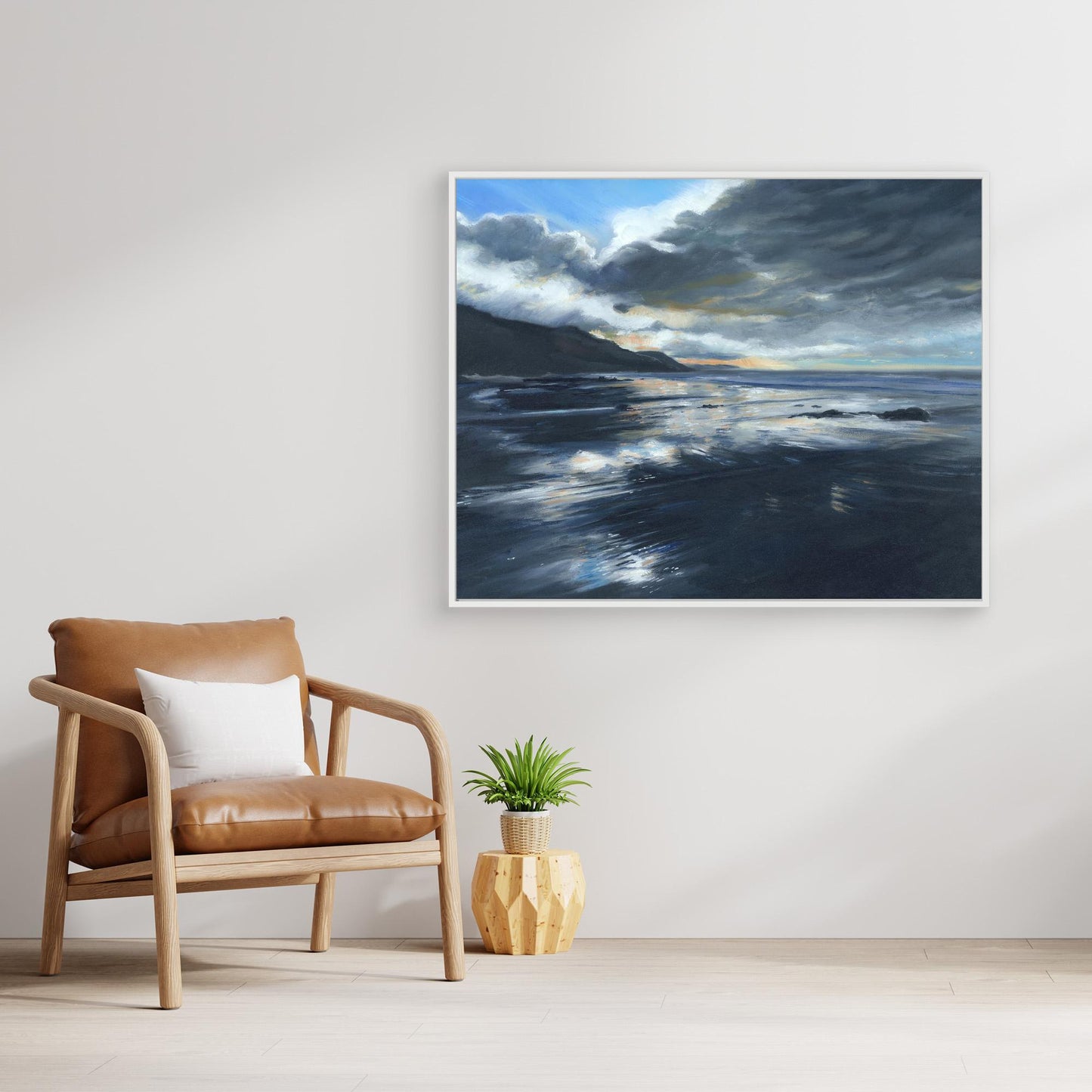 Large moody coastal canvas artwork displayed in a modern neutral interior. Dramatic Cornwall seascape wall art for contemporary homes.
