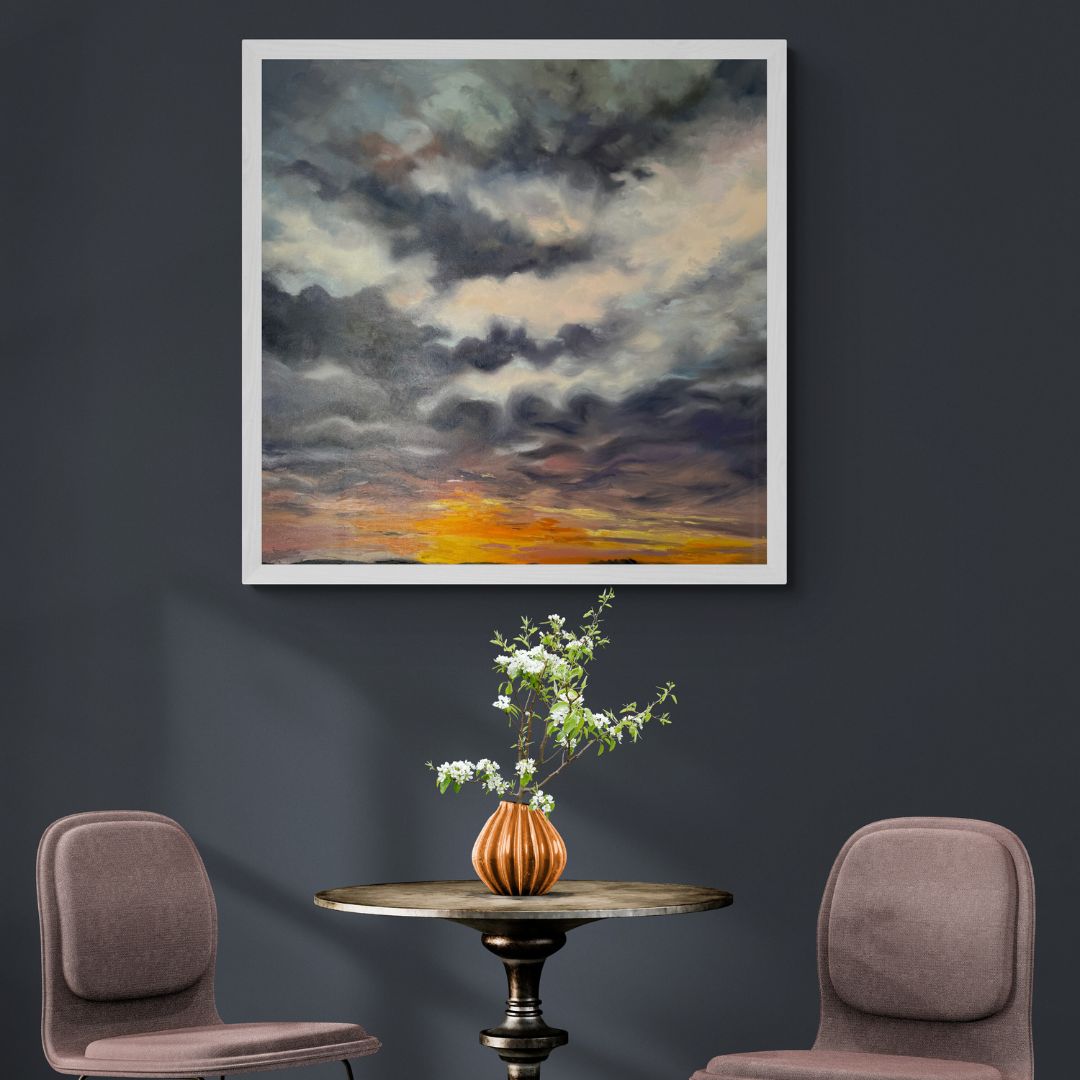 Tranquil sunrise scene painted in oils, shown framed in a white wooden frame and ready to hang.
