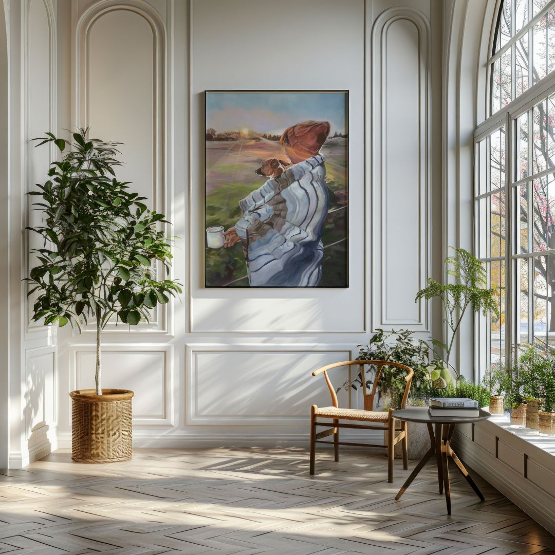 Modern interior with an art print of a lady and her Jack Russell Dog on the wall, chair, and plants.