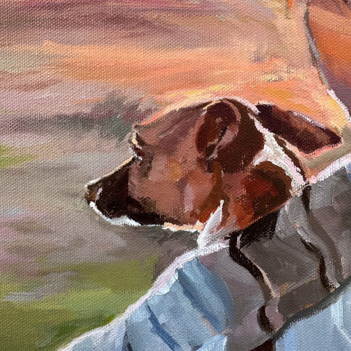 Sunrise with the pup oil painting close up of Jack Russell dog
