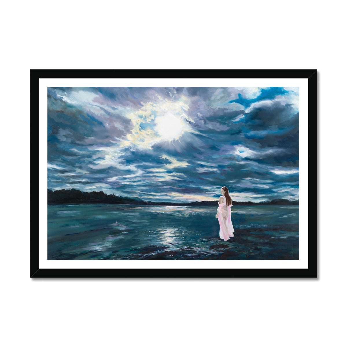 Framed artwork of a person in a pale pink dress standing on water under a dramatic sky.
