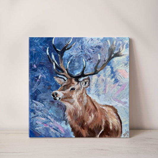 Painting of a deer with large antlers on a blue and purple abstract background
